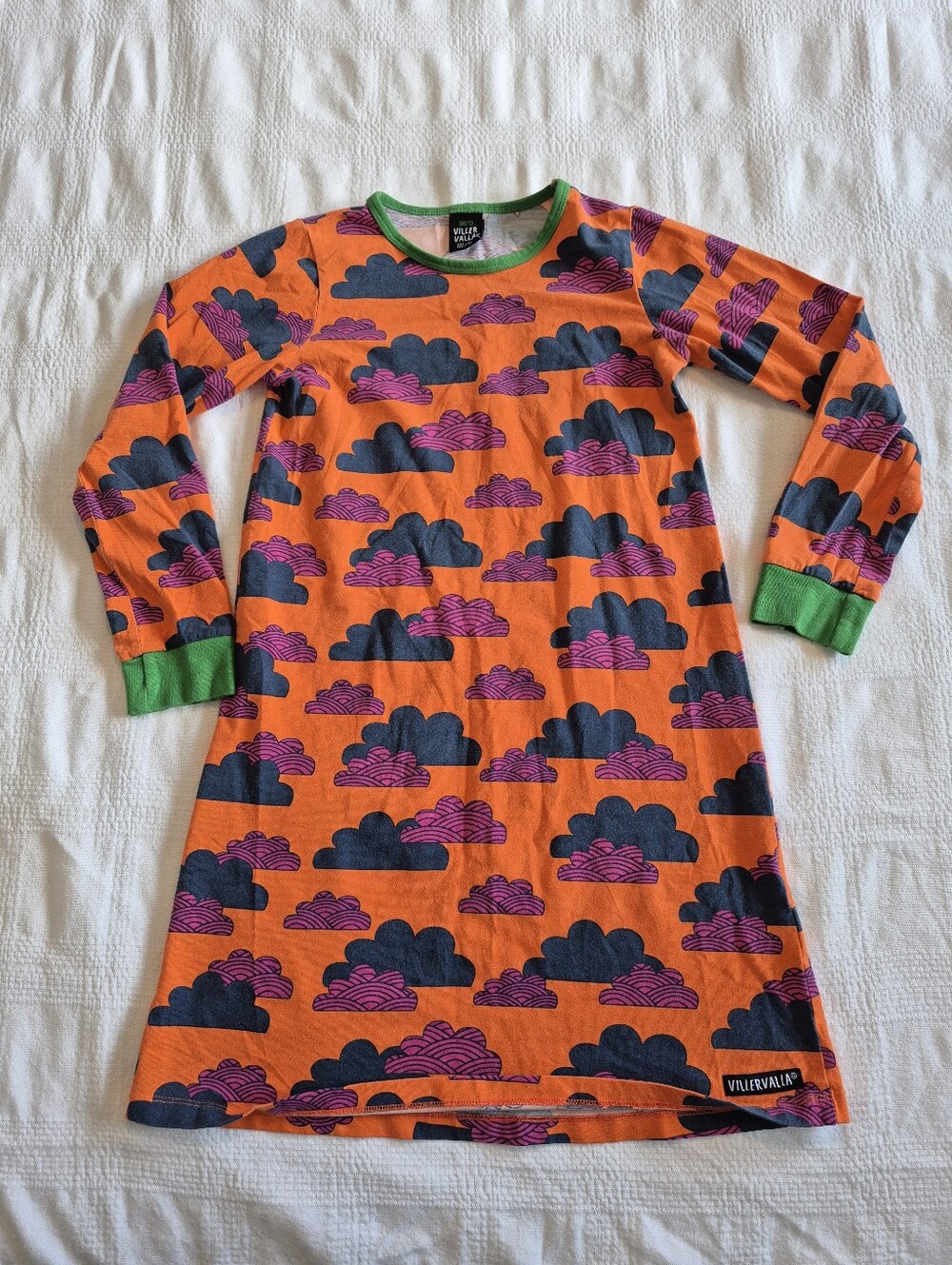Viller Valla girls 122/128 (6X-8) orange cloud print dress long sleeve VGUC
